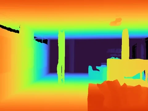 Depth along the trajectory; the grey sofa is boxed at the end